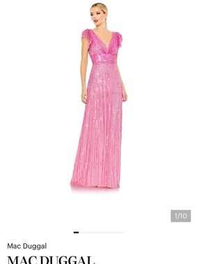 Mac Duggal Fuchsia Sequin V-Neck Ruffled Sleeve Maxi Dress